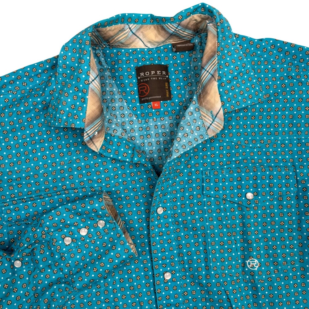 Roper Mens Teal Blue Geometric Print Western Snap Button Down Shirt XL 0857